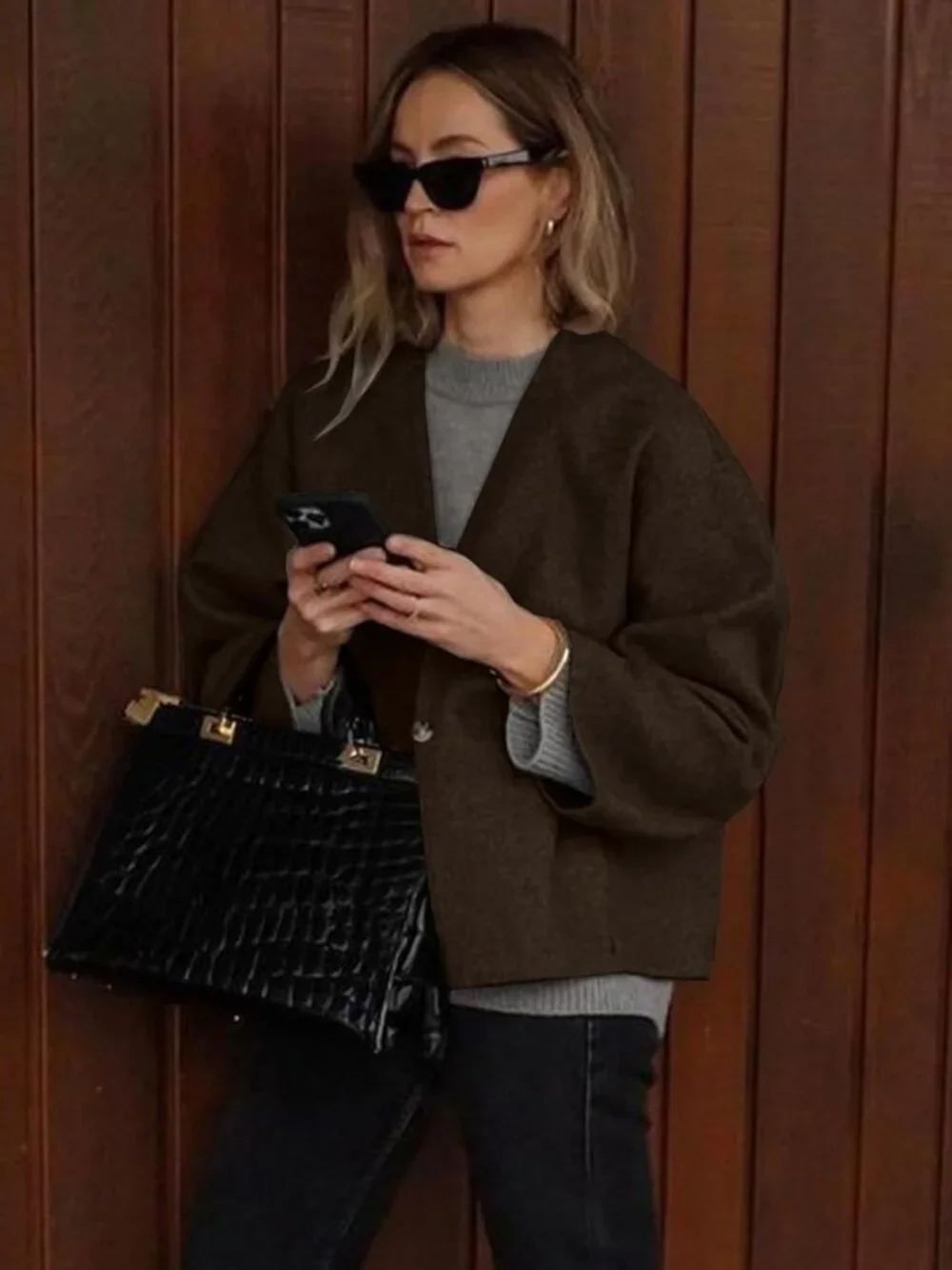 Women's Brown Wool Blend Cropped Collarless Long Sleeve Short Fall Pea Overcoat
